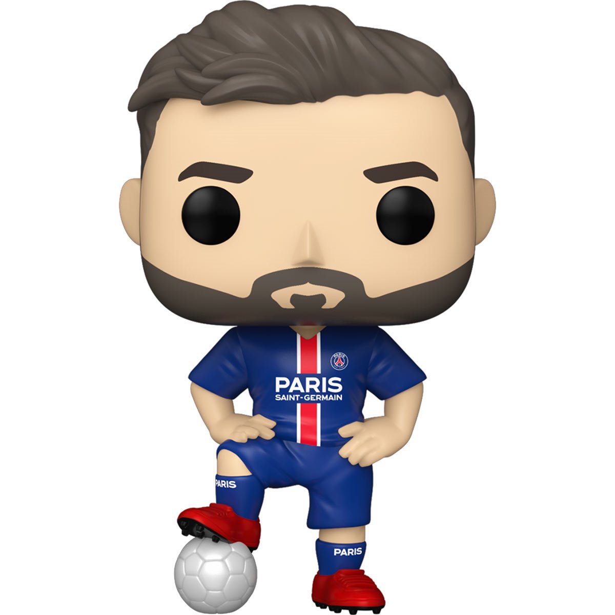 Lionel Messi PSG Funko Pop! standing with hands on hips and soccer ball under foot.