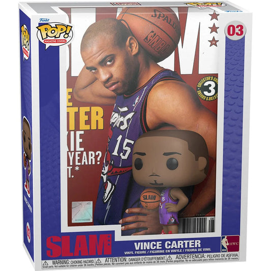 Funko Pop! vinyl figure packaging featuring Vince Carter in a purple jersey with a basketball.