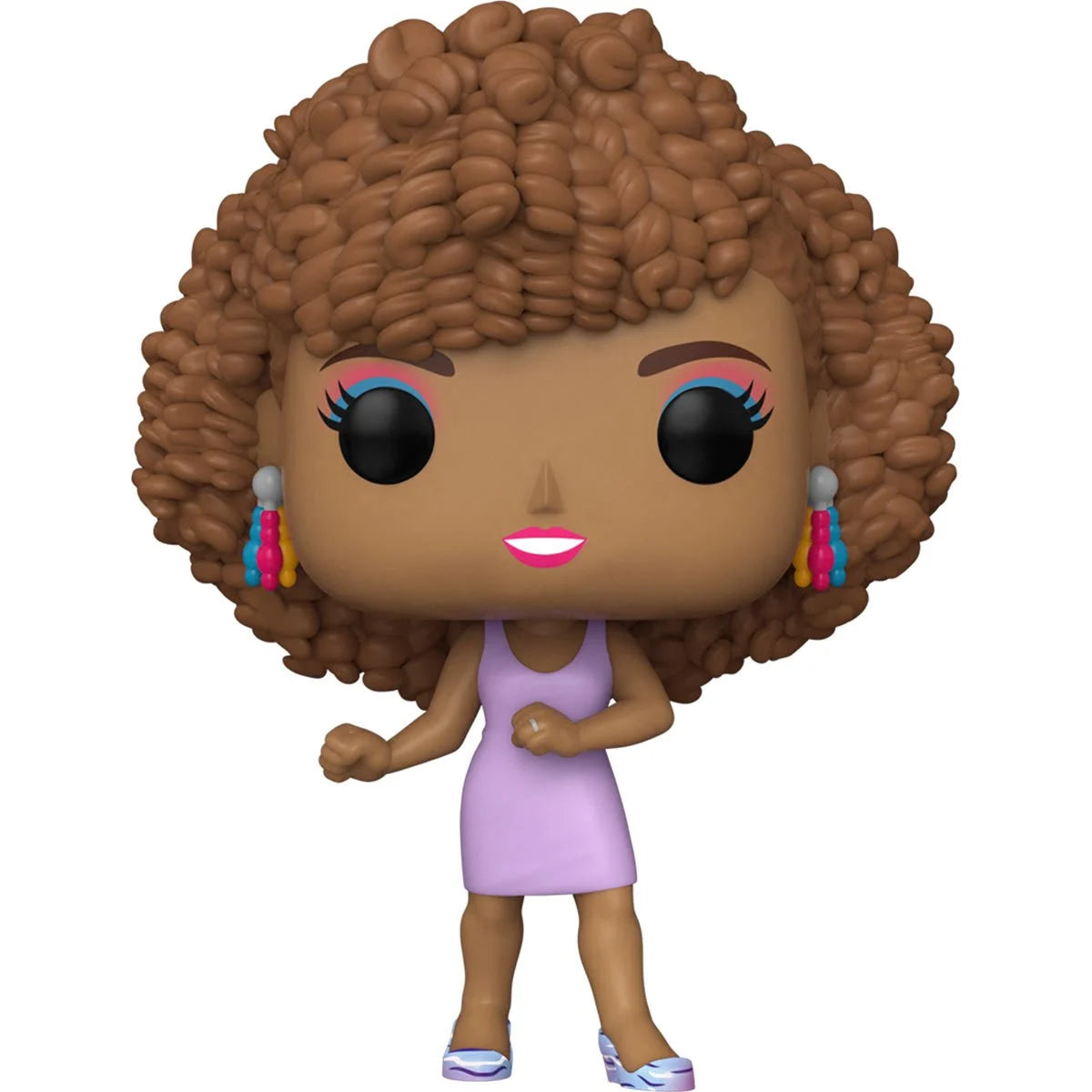 A Funko Pop! Vinyl Figure of Whitney Houston in a vibrant outfit, posed with one leg raised, dancing. The figure is primarily brown with a pink dress, blue eyeshadow, and gold jewelry.
