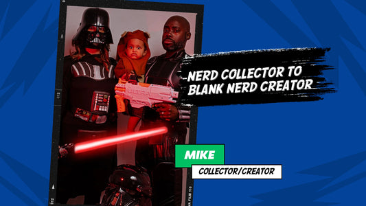 Title: Nerd Collector to Blank Nerd Creator, Mike, Creator/Collector. Image of Mike dressed as a Star Wars Death Trooper, his wife dressed as Darth Vader, and their kid dressed as an Ewok.