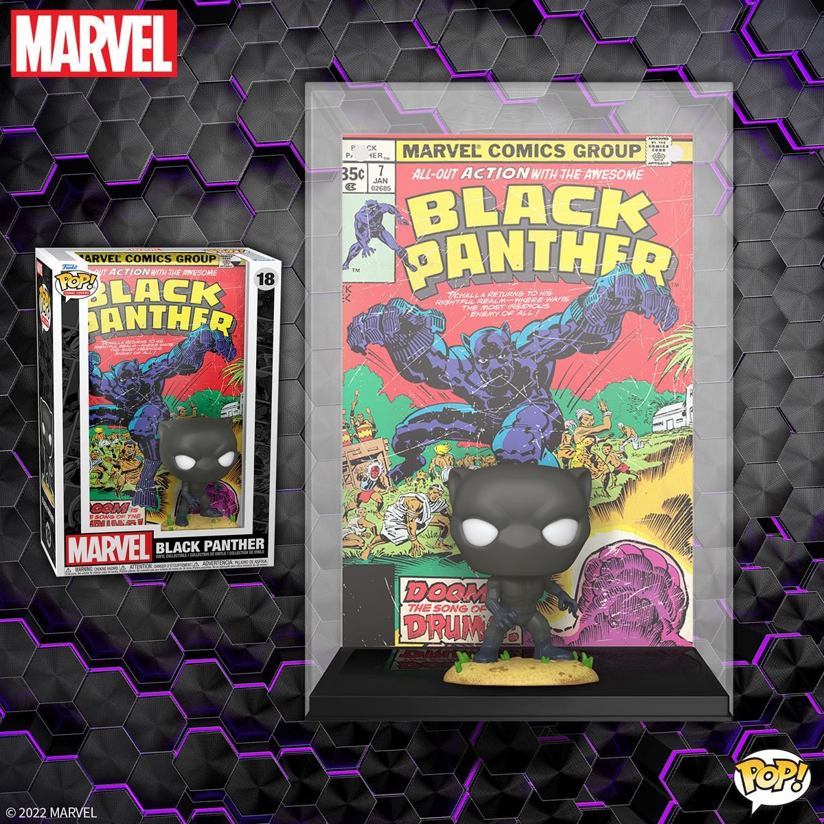 Black Panther Pop! Comic Cover Figure with Case with vibranium background.