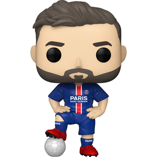 Lionel Messi PSG Funko Pop! standing with hands on hips and soccer ball under foot. 