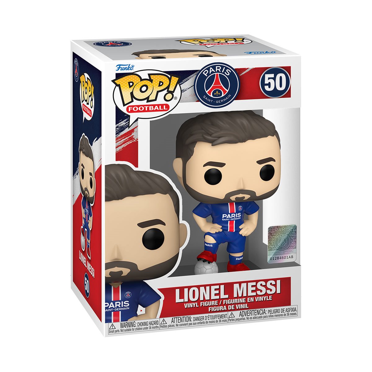 Lionel Messi PSG #50 figure in Funko Pop! box.