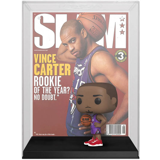 Framed magazine cover with Vince Carter and a Funko Pop! figure of a young player holding a basketball.